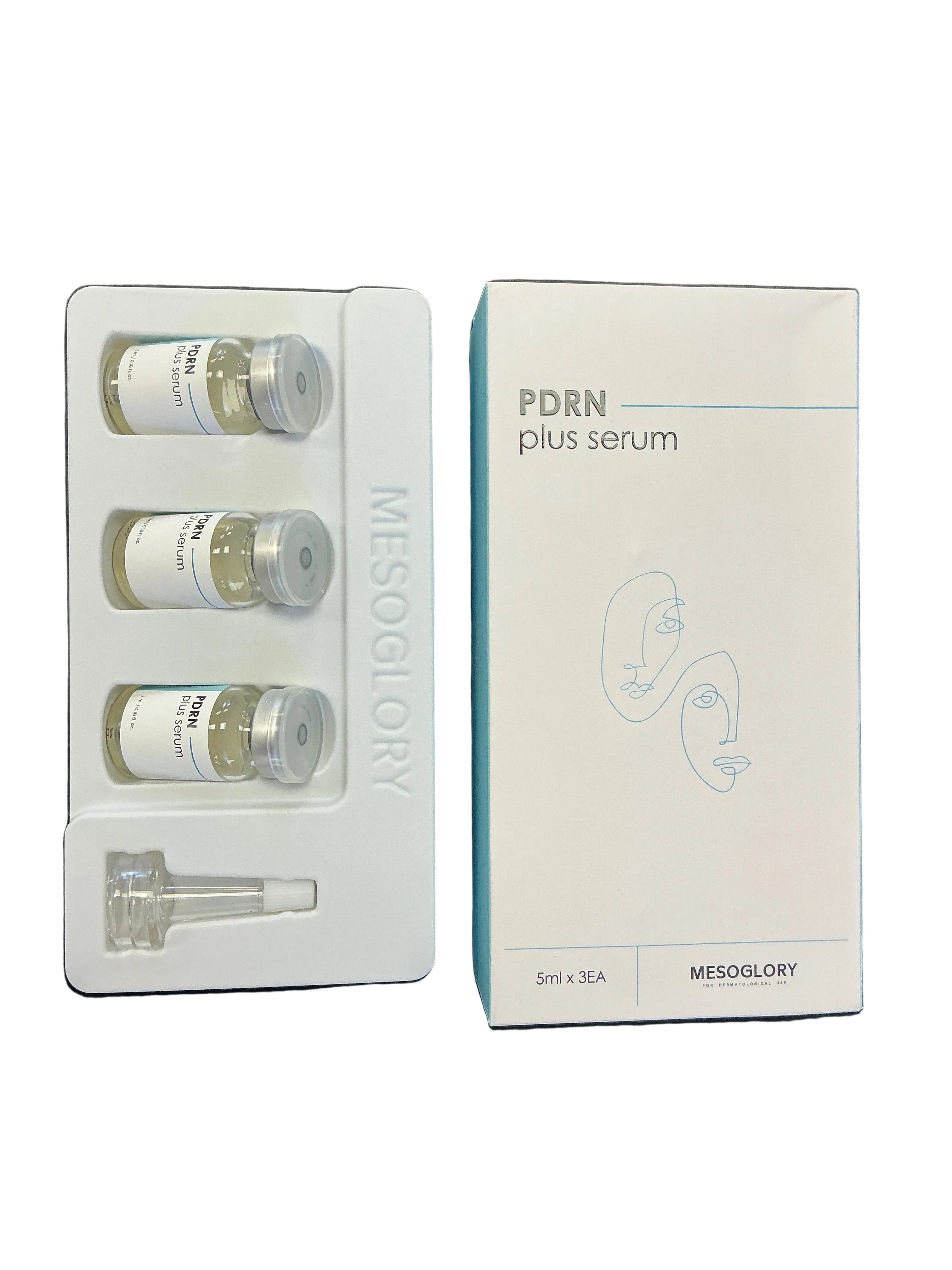 Mesoglory PDRN plus serum packaging with vials on a dark surface